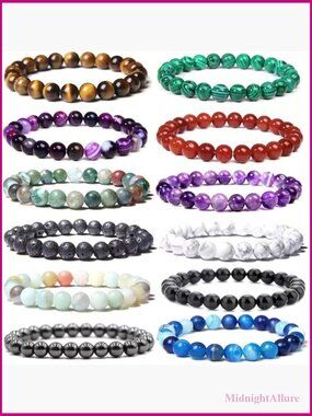 12 Pcs 8mm Gemstone Beaded Stretch Bracelets Healing Stone Unisex